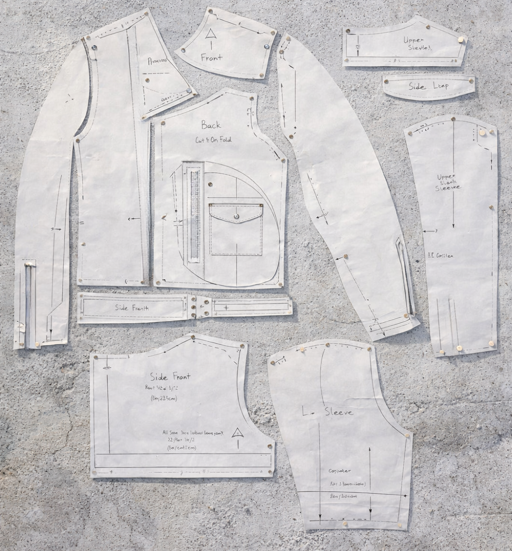 pattern of a BECK 333 jacket on a textured gray background